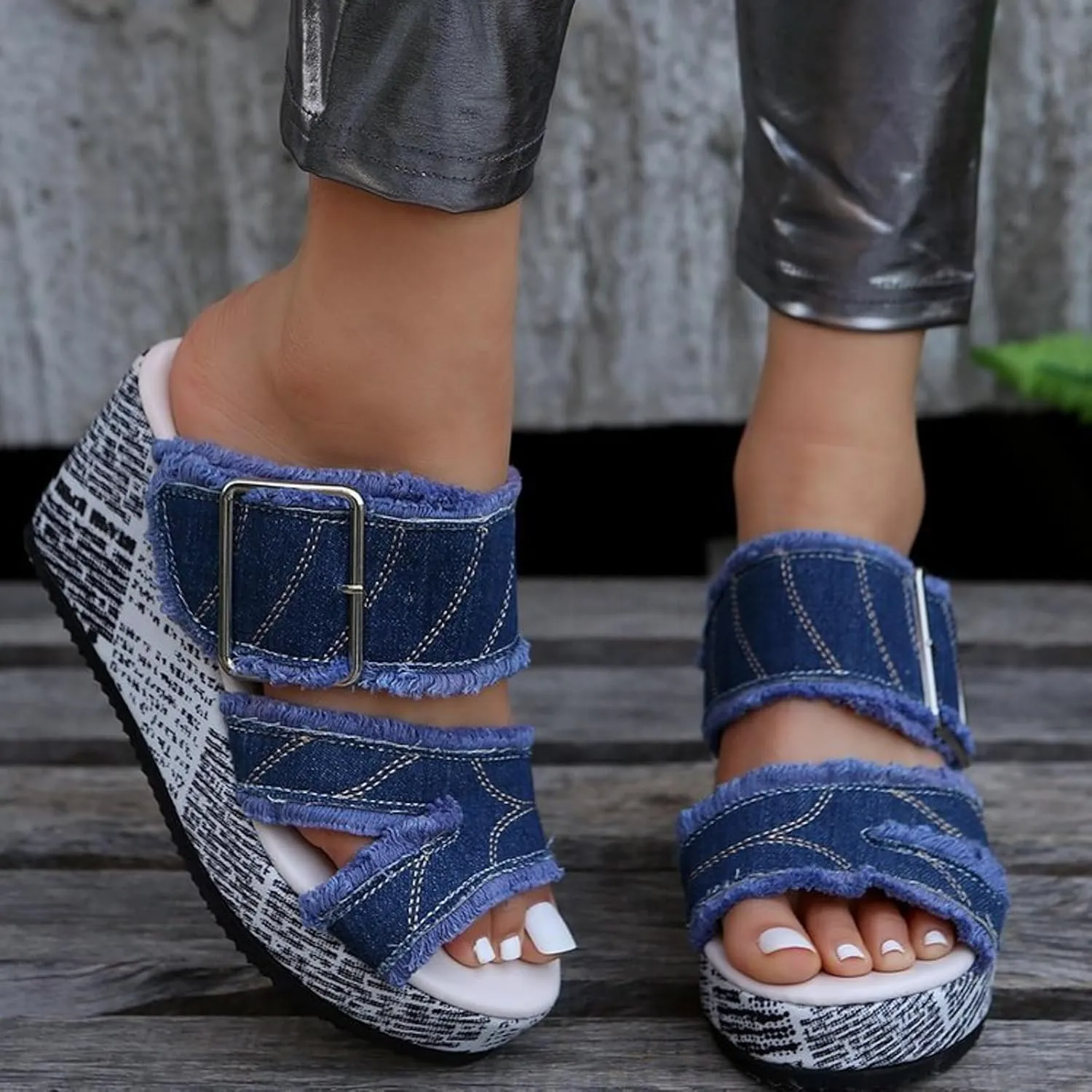 Platform Sandals Wide Width Denim Band Open Toe Women Wedge Sandals Soft Comfortable Women Summer Shoes