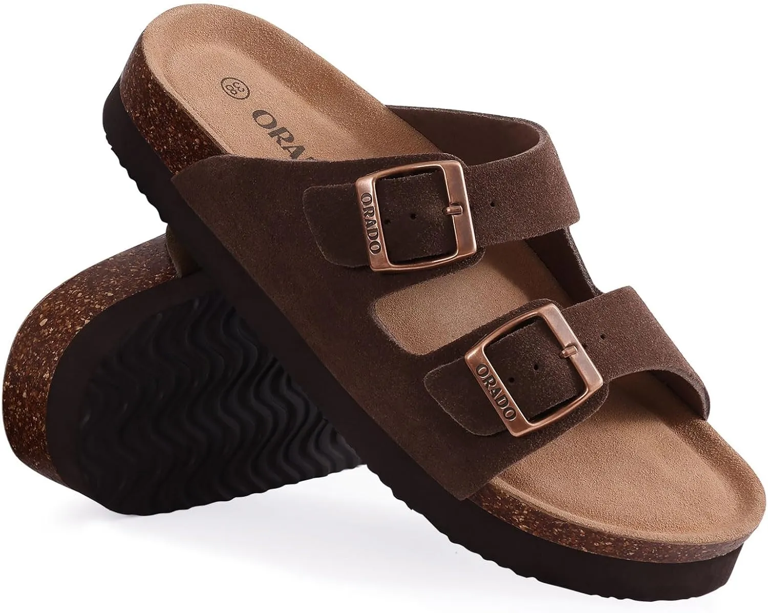 Platform Suede Sandals for Women Soft Cork Footbed Summer Slides with Adjustable Buckle