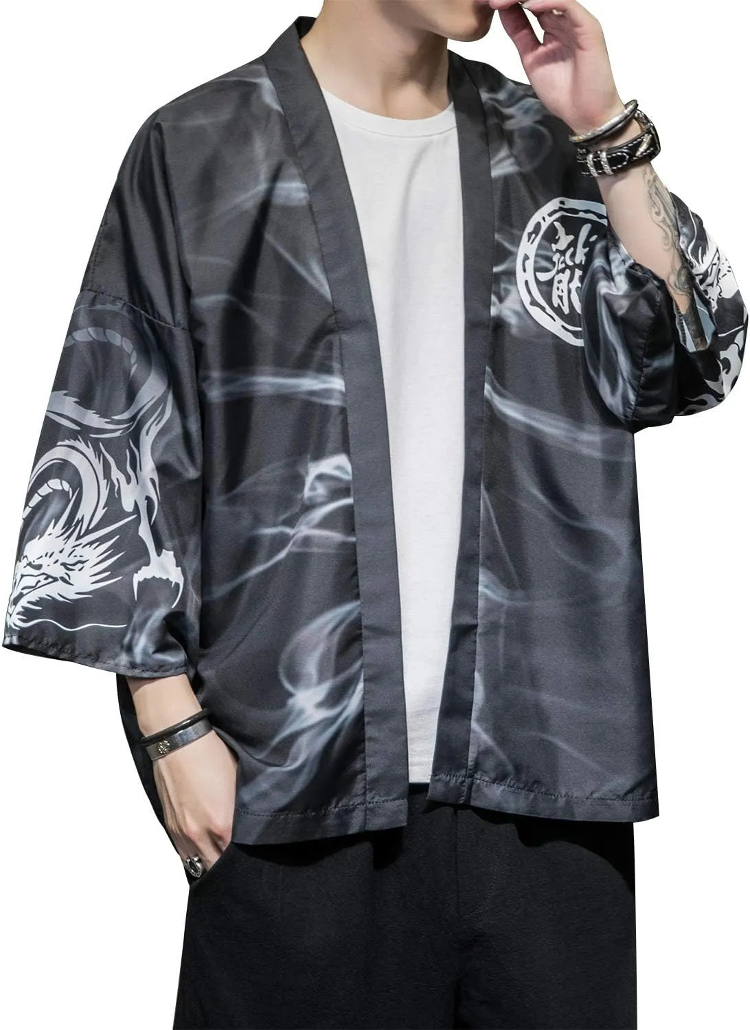 PRIJOUHE Men's Japanese Kimono Cardigan Jackets Casual Long Sleeve Open Front Coat Lightweight Yukata Outwear