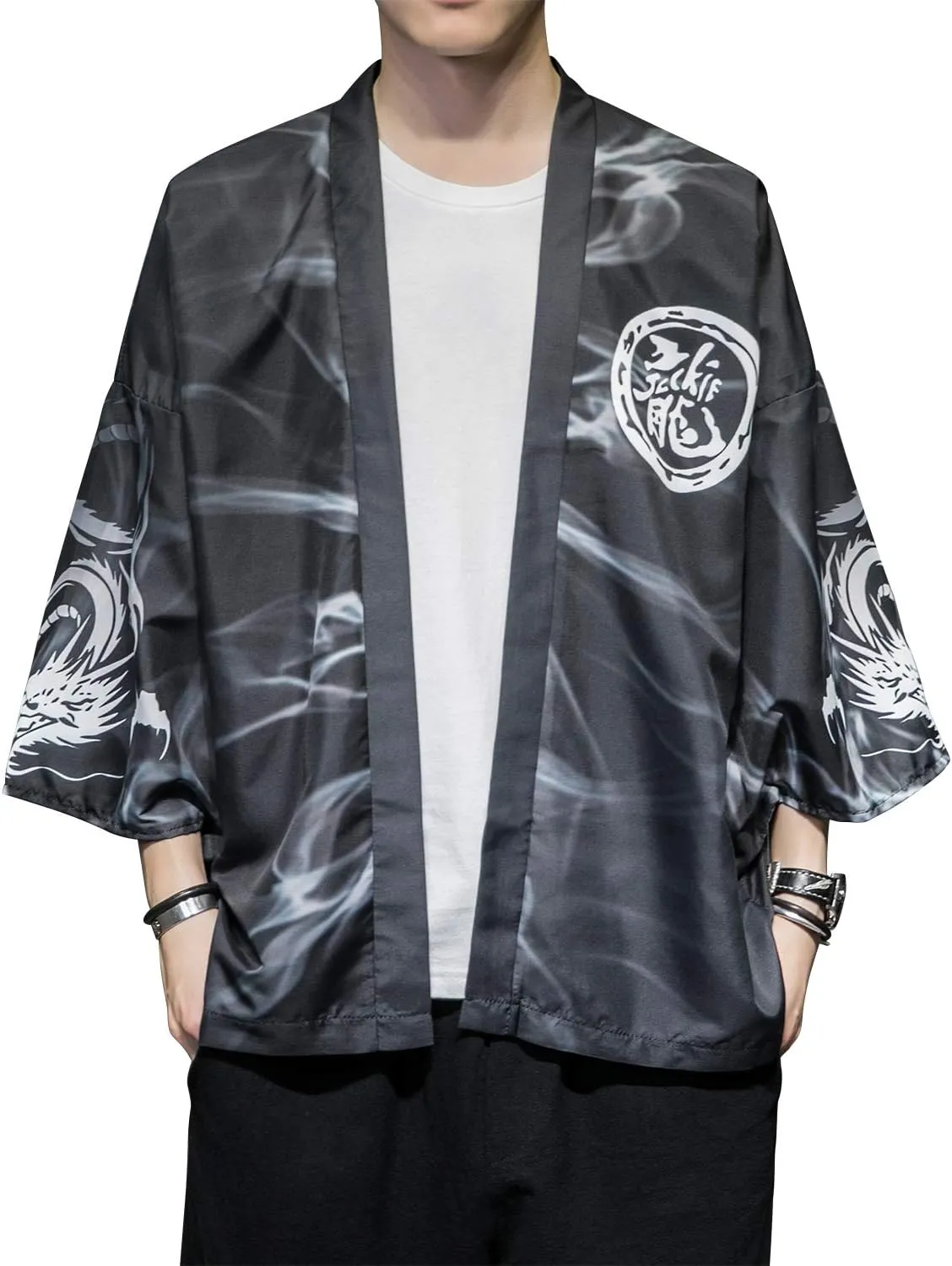 PRIJOUHE Men's Japanese Kimono Cardigan Jackets Casual Long Sleeve Open Front Coat Lightweight Yukata Outwear