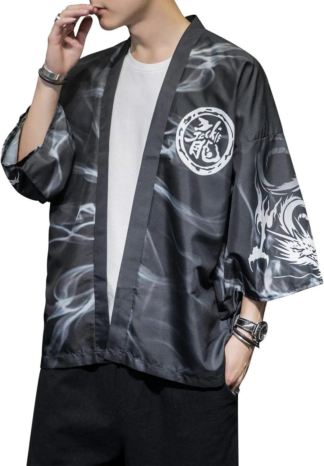 PRIJOUHE Men's Japanese Kimono Cardigan Jackets Casual Long Sleeve Open Front Coat Lightweight Yukata Outwear