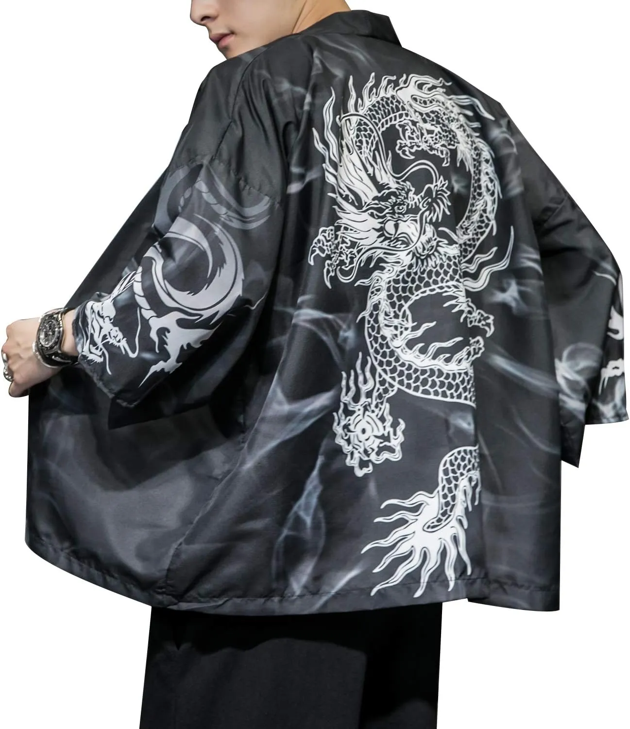 PRIJOUHE Men's Japanese Kimono Cardigan Jackets Casual Long Sleeve Open Front Coat Lightweight Yukata Outwear