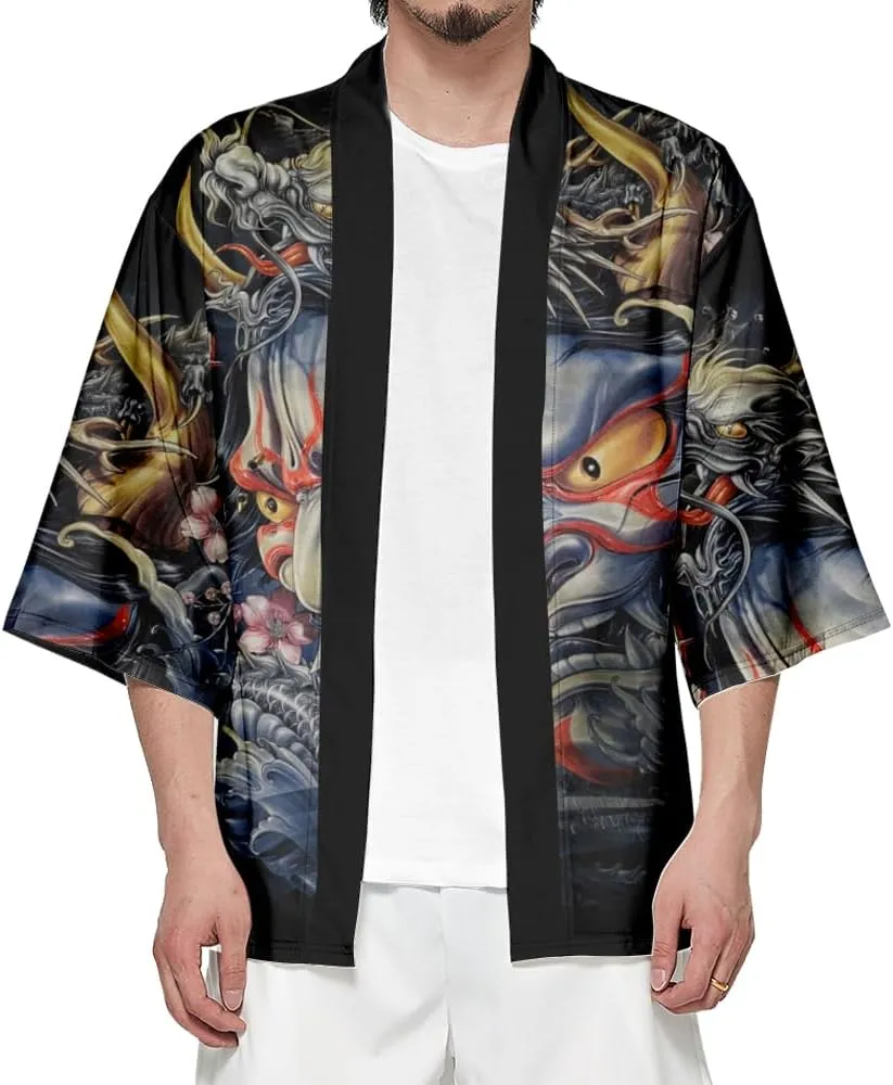 PRIJOUHE Mens Kimono Robe Jacket 3/4 Sleeve Open Front Japanese Shirt Bathrobe Lightweight Coat