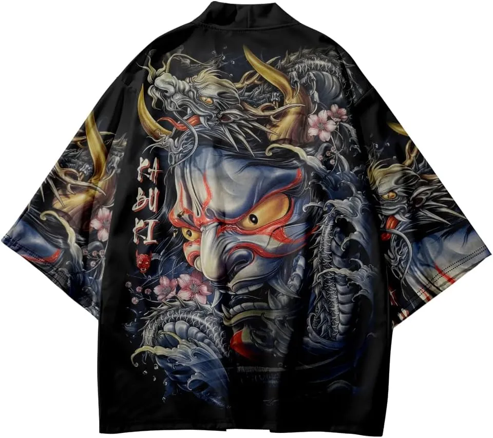 PRIJOUHE Mens Kimono Robe Jacket 3/4 Sleeve Open Front Japanese Shirt Bathrobe Lightweight Coat