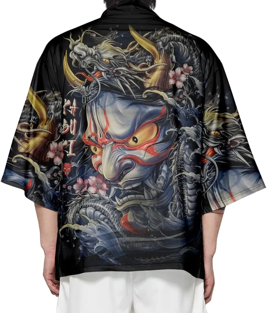 PRIJOUHE Mens Kimono Robe Jacket 3/4 Sleeve Open Front Japanese Shirt Bathrobe Lightweight Coat