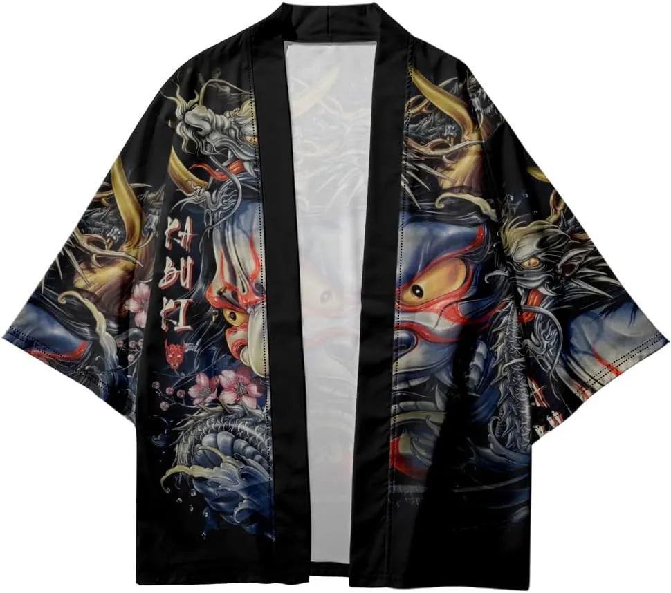 PRIJOUHE Mens Kimono Robe Jacket 3/4 Sleeve Open Front Japanese Shirt Bathrobe Lightweight Coat