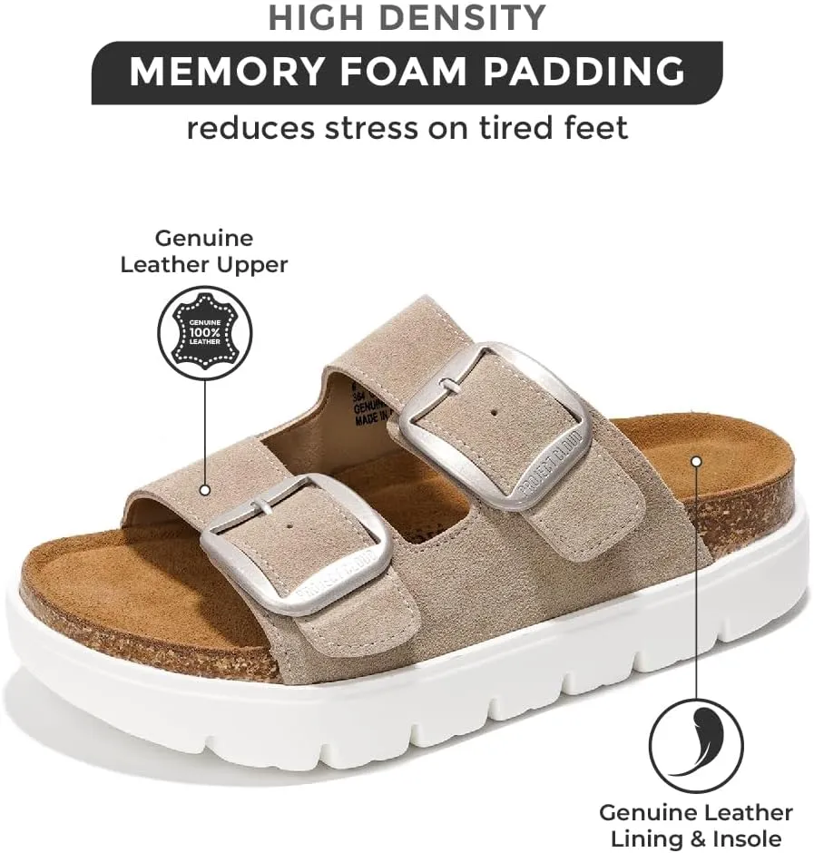 Project Cloud Genuine Leather Platform Sandals Women Footwear - Wedge Chunky Sandals Womens sandals with Memory Foam Insole and Cork Footbed (GREECECHUNKY)