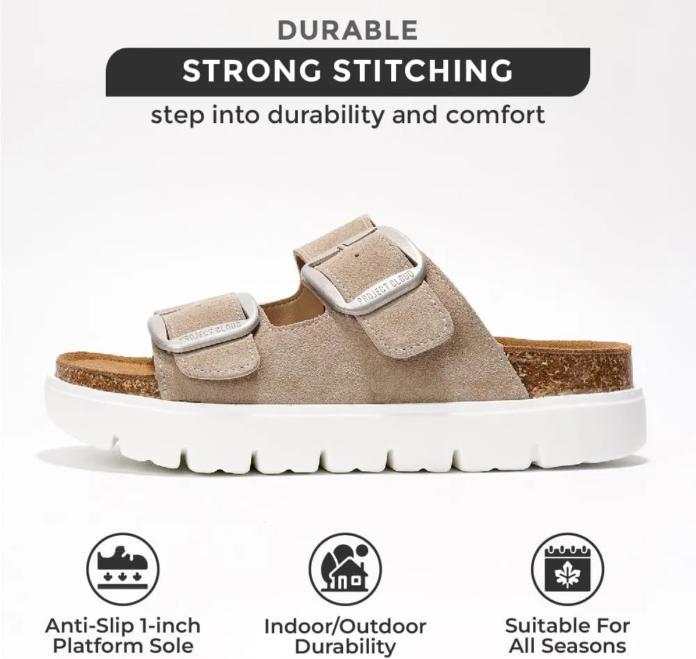 Project Cloud Genuine Leather Platform Sandals Women Footwear - Wedge Chunky Sandals Womens sandals with Memory Foam Insole and Cork Footbed (GREECECHUNKY)