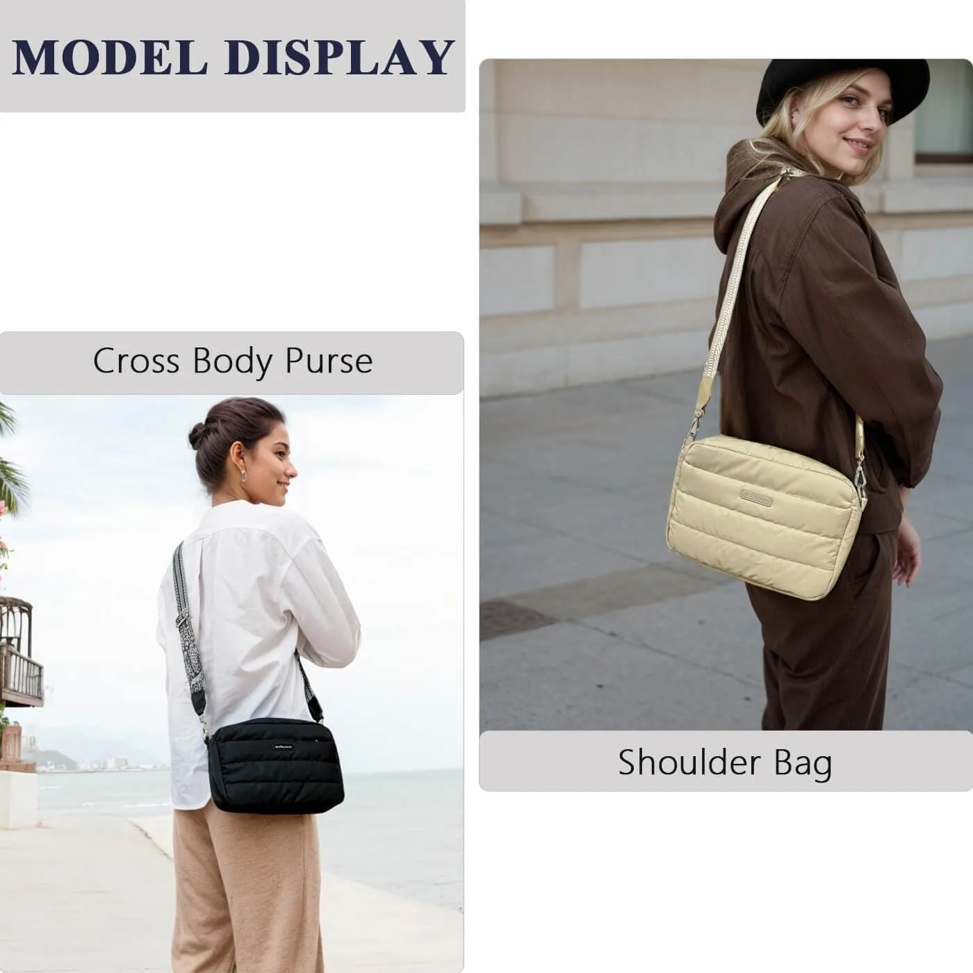 Puffer Crossbody Bags for Women, Lightweight Quilted Puffer Shoulder Bag, Cross Body Purse with Guitar Wide Strap Fit