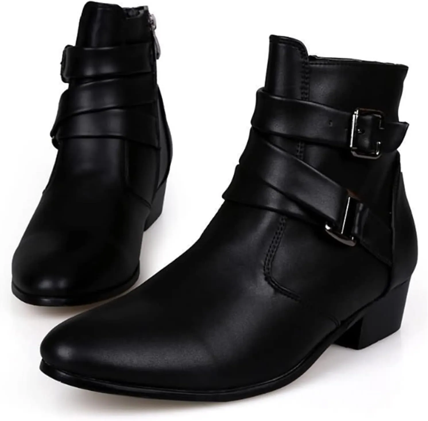 PURCHAWEE Men's Leather Pointed Toe Chelsea Boots,Buckle Straps Side Zipper Chunky Low Heel Western Formal Dress Boots Ankle Boots