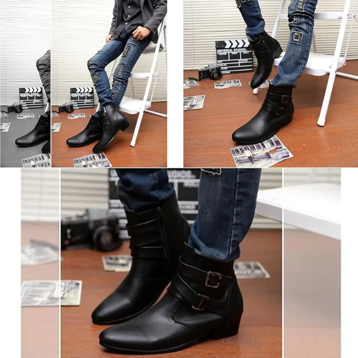 PURCHAWEE Men's Leather Pointed Toe Chelsea Boots,Buckle Straps Side Zipper Chunky Low Heel Western Formal Dress Boots Ankle Boots