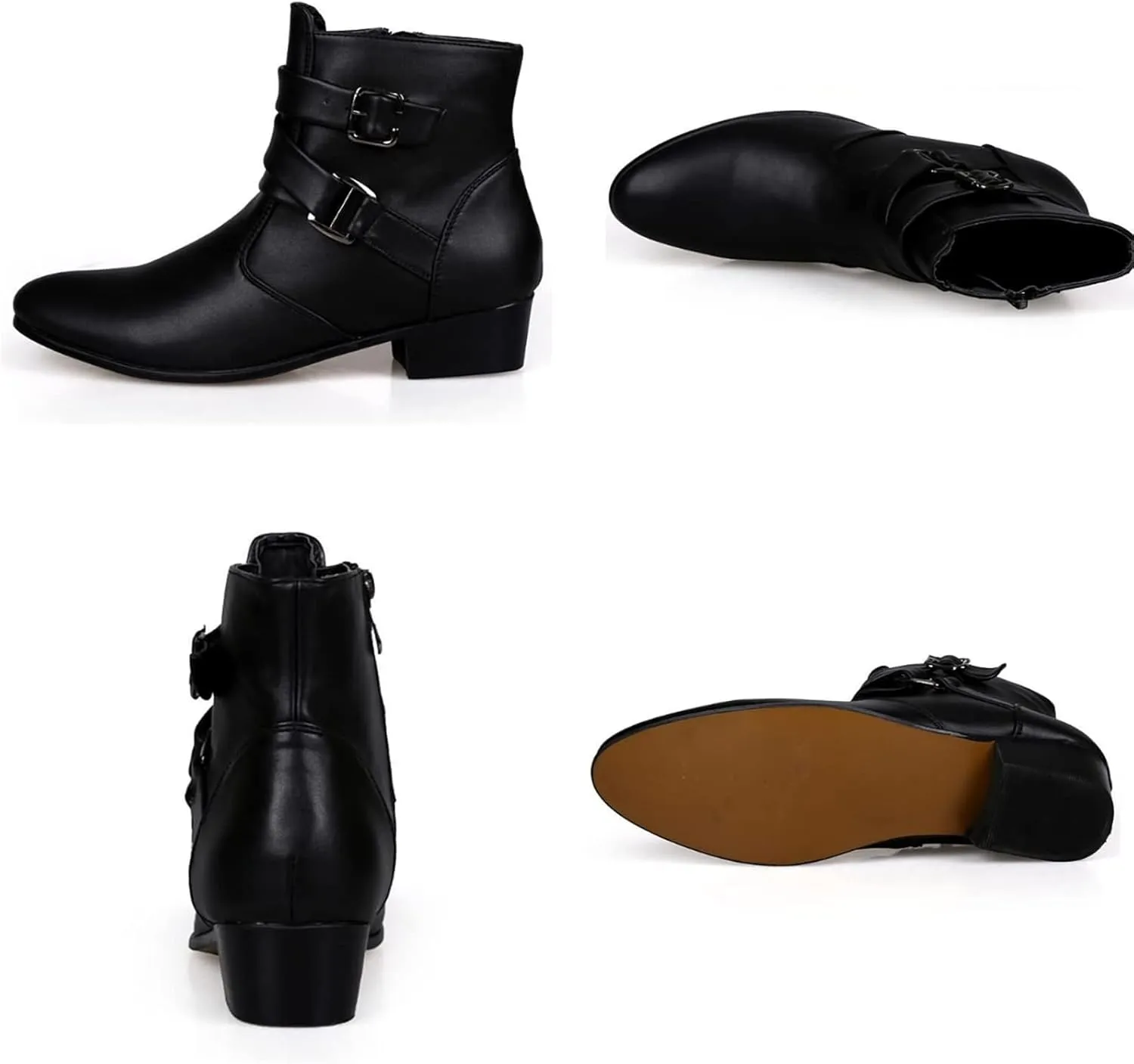 PURCHAWEE Men's Leather Pointed Toe Chelsea Boots,Buckle Straps Side Zipper Chunky Low Heel Western Formal Dress Boots Ankle Boots