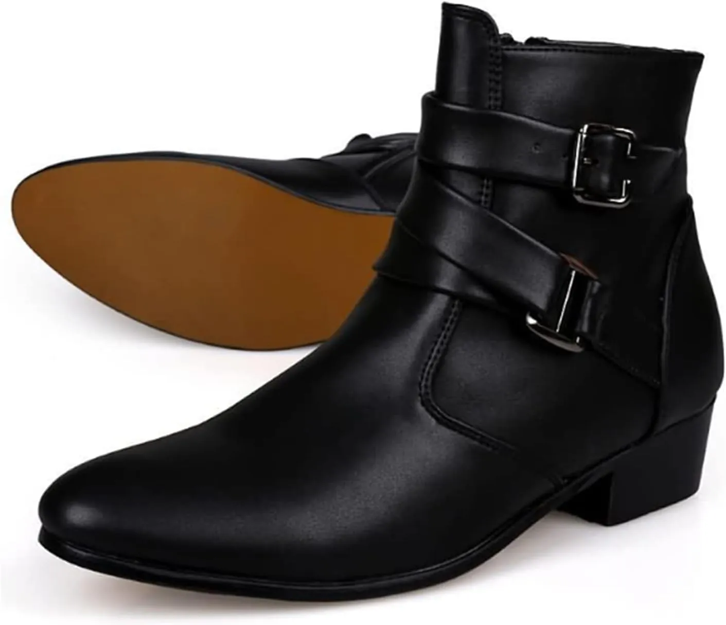 PURCHAWEE Men's Leather Pointed Toe Chelsea Boots,Buckle Straps Side Zipper Chunky Low Heel Western Formal Dress Boots Ankle Boots