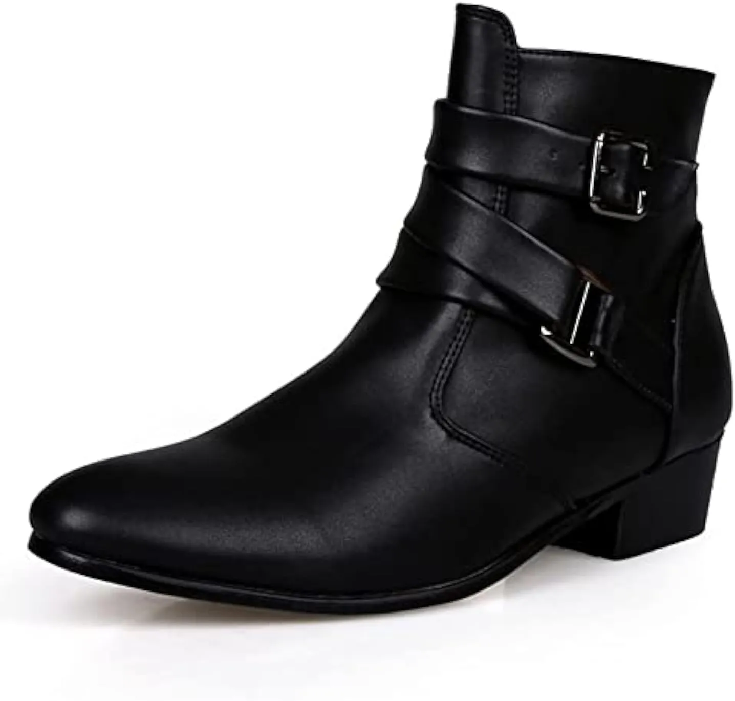 PURCHAWEE Men's Leather Pointed Toe Chelsea Boots,Buckle Straps Side Zipper Chunky Low Heel Western Formal Dress Boots Ankle Boots