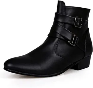 PURCHAWEE Men's Leather Pointed Toe Chelsea Boots,Buckle Straps Side Zipper Chunky Low Heel Western Formal Dress Boots Ankle Boots