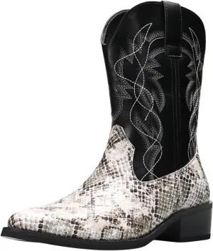 Python Manning Men's Boots Cowboy for Men Classic Pointed Toe Western Pull Up Snakeskin Embroidered Mid-Calf Boots