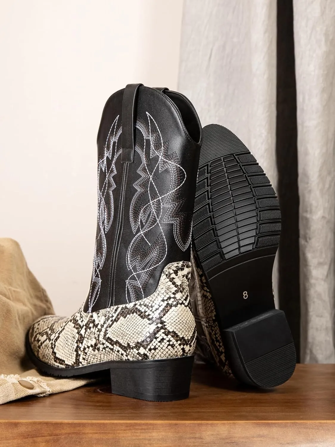 Python Manning Men's Boots Cowboy for Men Classic Pointed Toe Western Pull Up Snakeskin Embroidered Mid-Calf Boots
