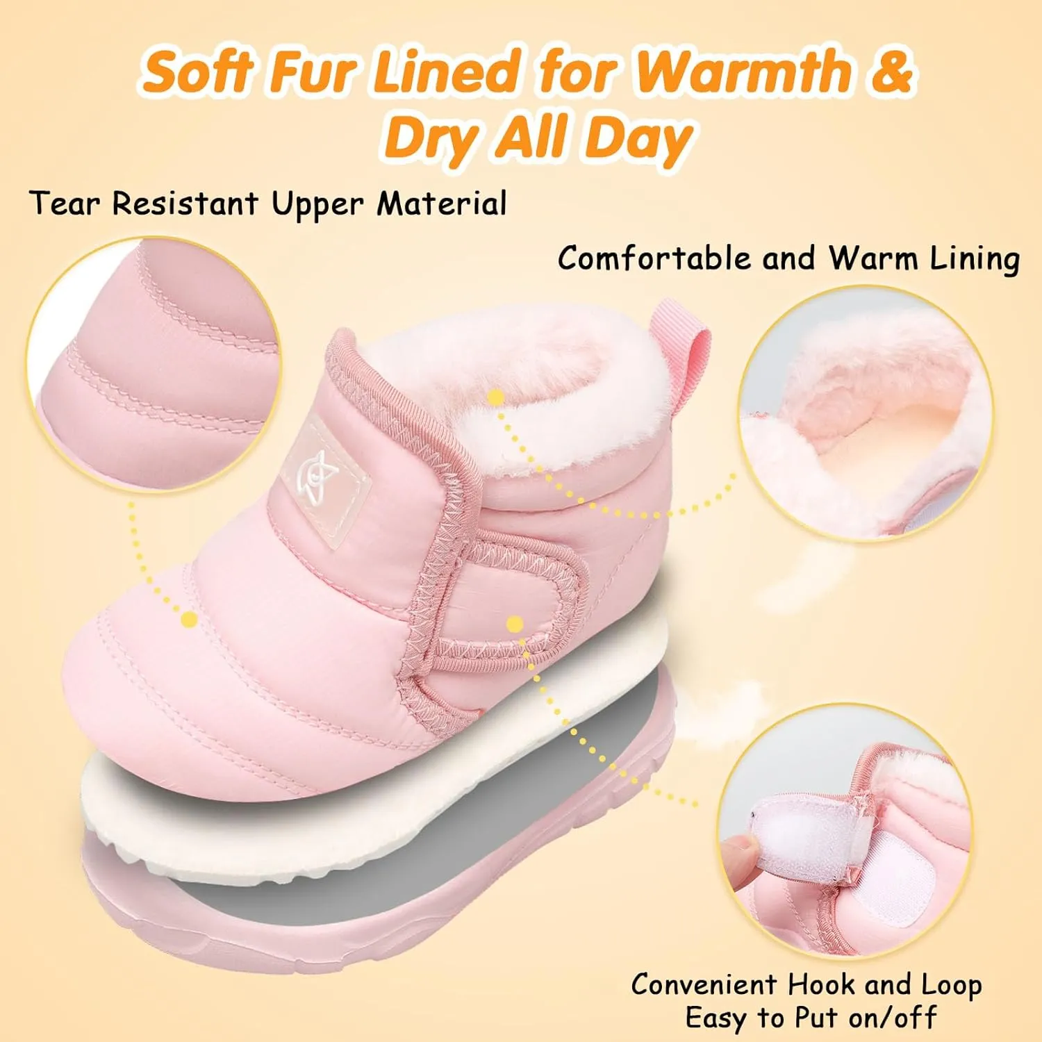 QFH Baby Boys Girls Winter Warm Shoes Cozy Fleece Snow Boots Toddler Non-Slip Walking Shoes Infant Outdoor Water Resistance Faux Fur Booties