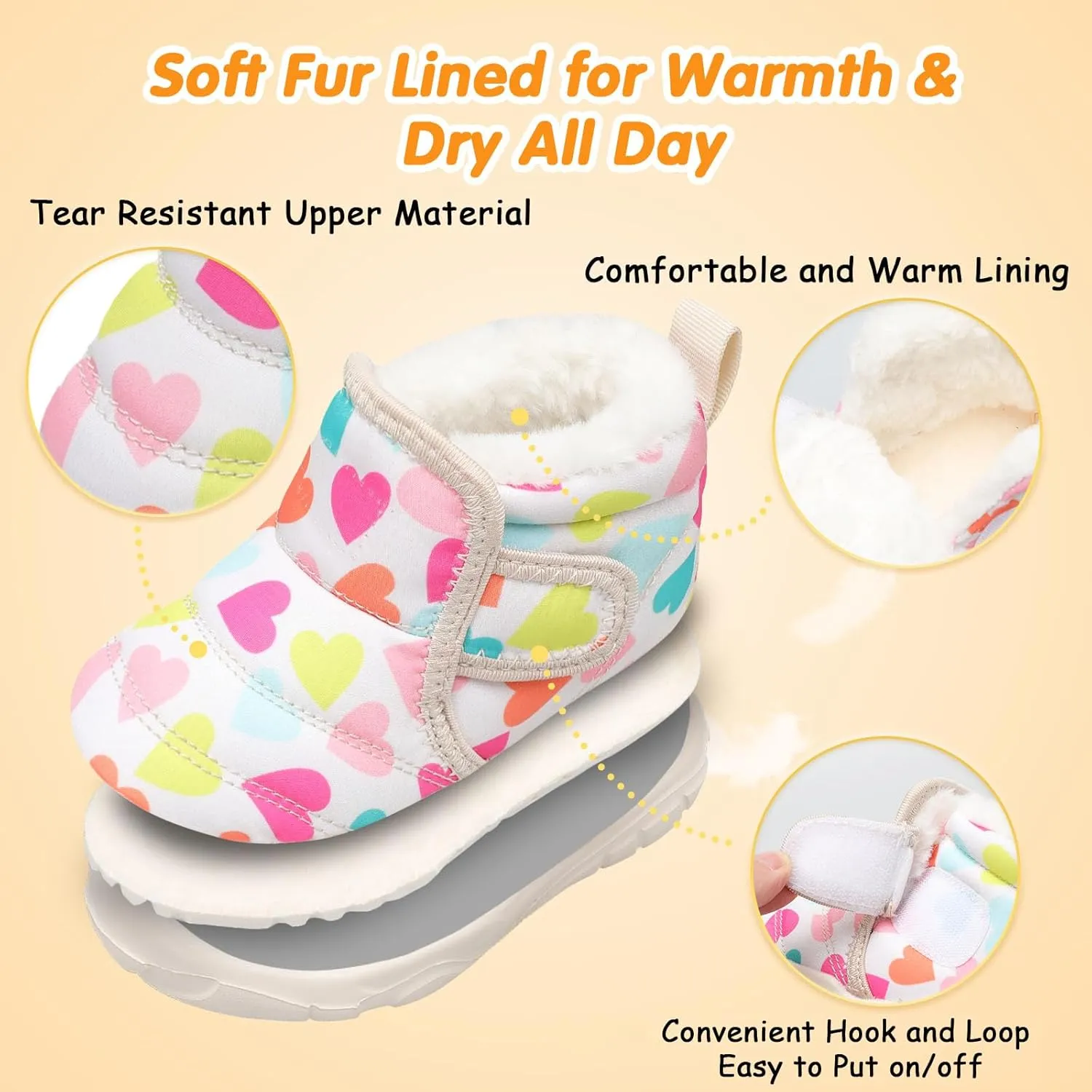 QFH Baby Boys Girls Winter Warm Shoes Cozy Fleece Snow Boots Toddler Non-Slip Walking Shoes Infant Outdoor Water Resistance Faux Fur Booties