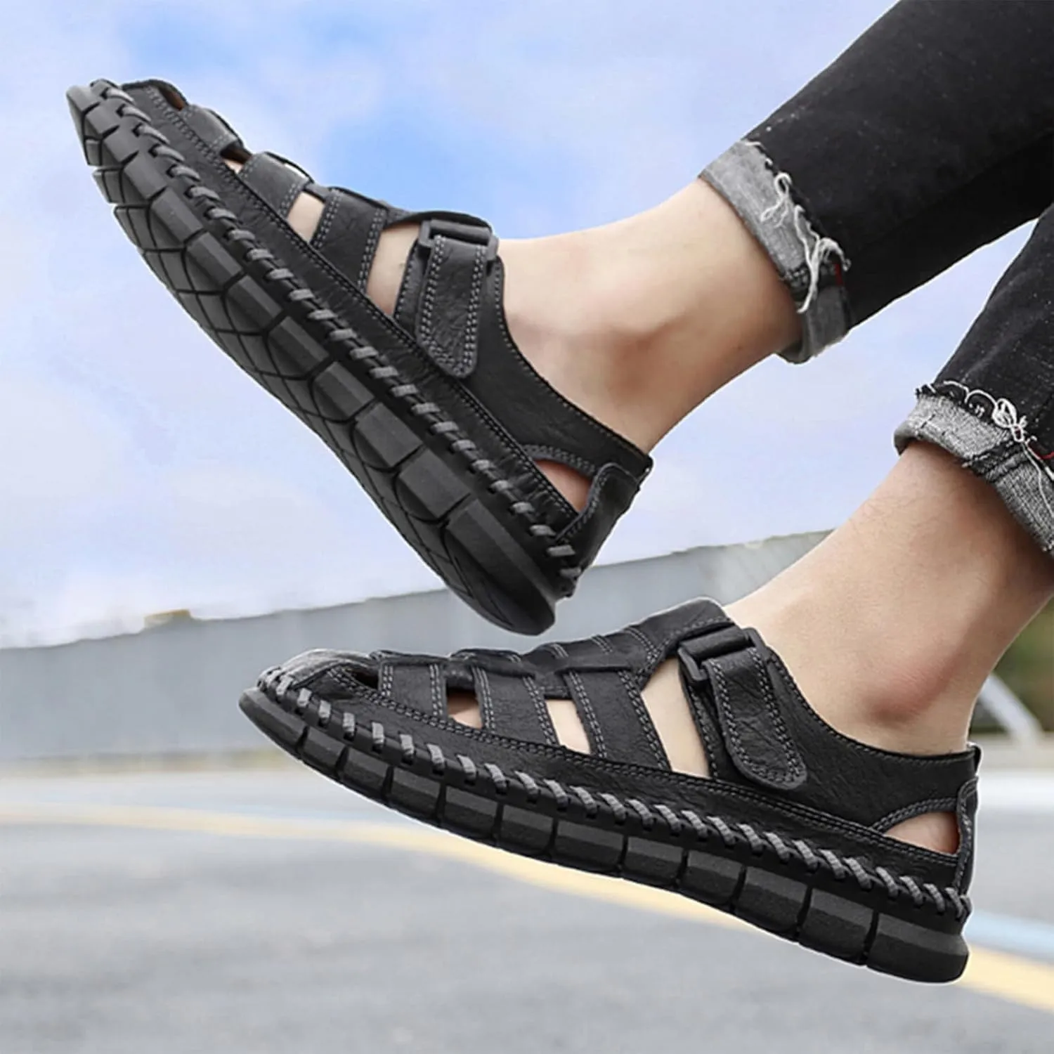 Qiucdzi Men Sandals Closed Toe Hiking Sandals Waterproof Fisherman Walking Sandals for Summer Beach