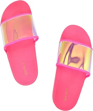 Qwave Indoor and Outdoor Comfy Sport Slides for Women | Iridescent Bright Color Slides Women | Ultra Soft Cushion | Thick Sole | Cloud Slides Sandals for Women | No Strap Slip On Sandals Women