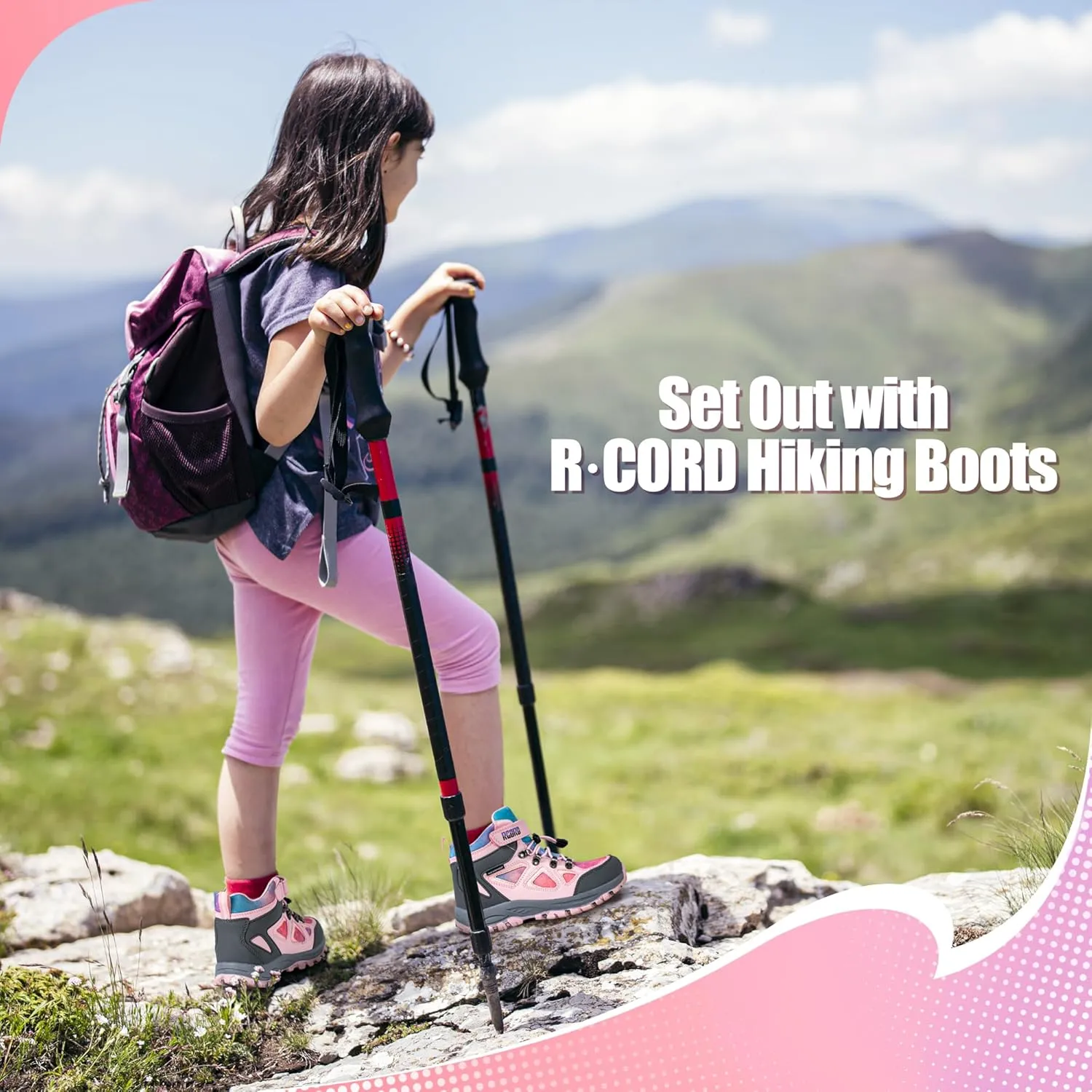 R CORD Kids Hiking Boots Girls Hiking Boots Waterproof Non-Slip for Outdoor Lace-Up Closure Durable TPR Traction Outsole Kids Hiking Shoes