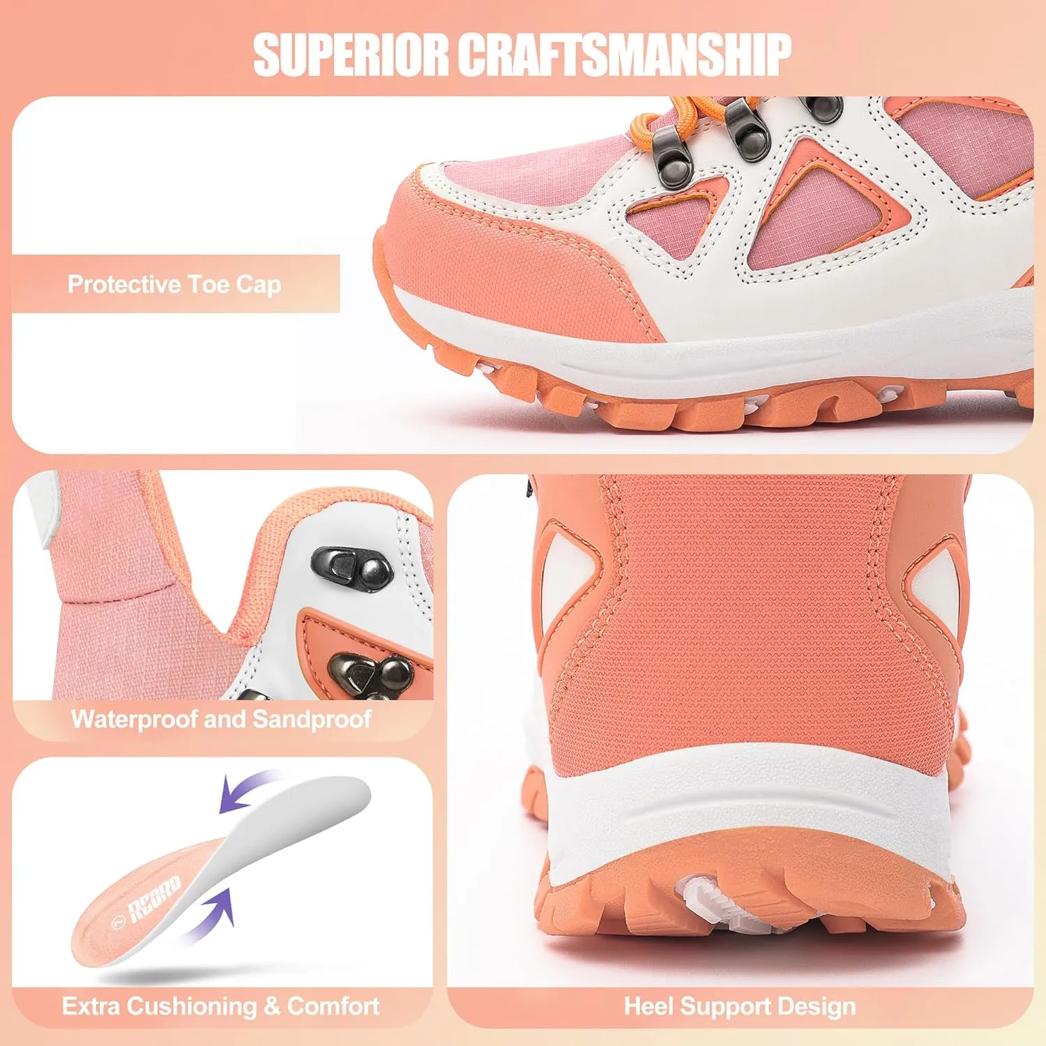 R CORD Kids Hiking Boots Girls Hiking Boots Waterproof Non-Slip for Outdoor Lace-Up Closure Durable TPR Traction Outsole Kids Hiking Shoes