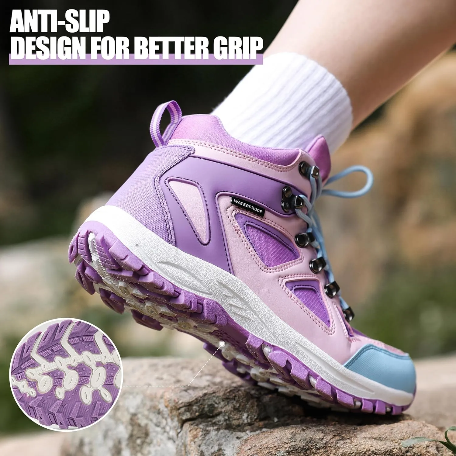 R CORD Kids Hiking Boots Waterproof Durable TPR Traction Outsole Anti-Skid Athletic Lace Up Hiking Shoes for Outdoor Adventure