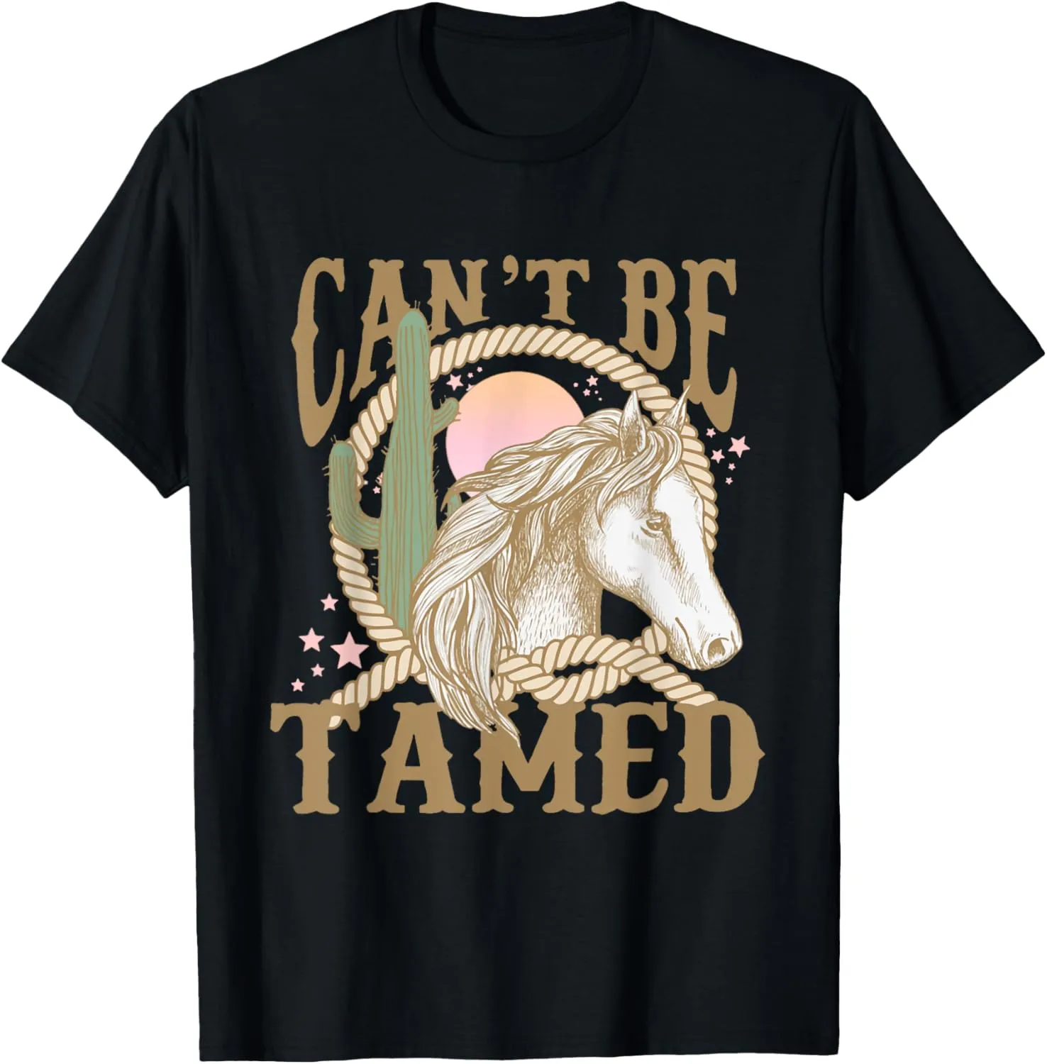 Retro Horse Desert Cactus Sunset Can't Be Tamed Western T-Shirt