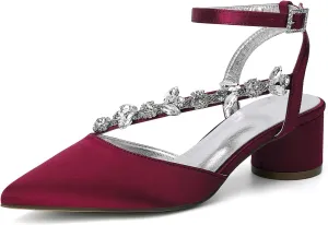 Rhinestones Satin Strappy Wedding Shoes Pointed Toe Block Low Heel Bridal Shoes Women Party Sandals 4.5CM Closed Toe Ankle Strap Pumps for Prom,Wine red,11
