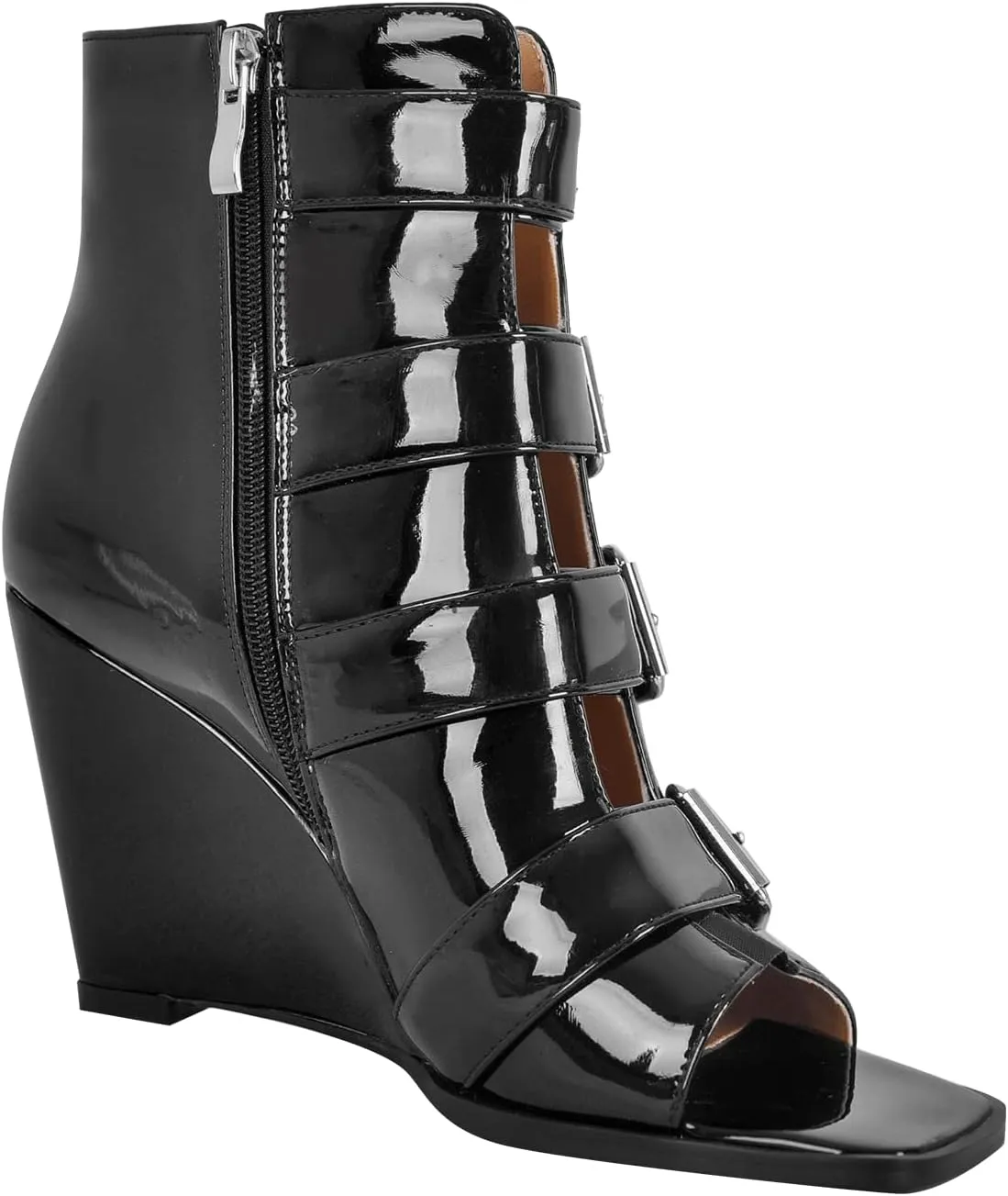 richealnini Sexy Square Peep Toe Gladiator Wedge Heeled Sandals with Side Zippers Front Buckle Up Ankle Wrap Strappy Heels