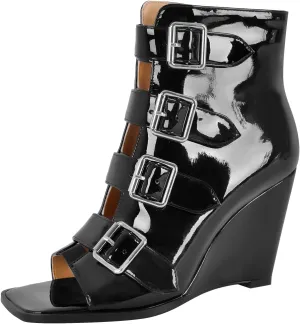 richealnini Sexy Square Peep Toe Gladiator Wedge Heeled Sandals with Side Zippers Front Buckle Up Ankle Wrap Strappy Heels