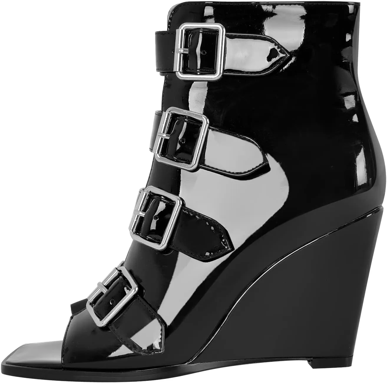 richealnini Sexy Square Peep Toe Gladiator Wedge Heeled Sandals with Side Zippers Front Buckle Up Ankle Wrap Strappy Heels