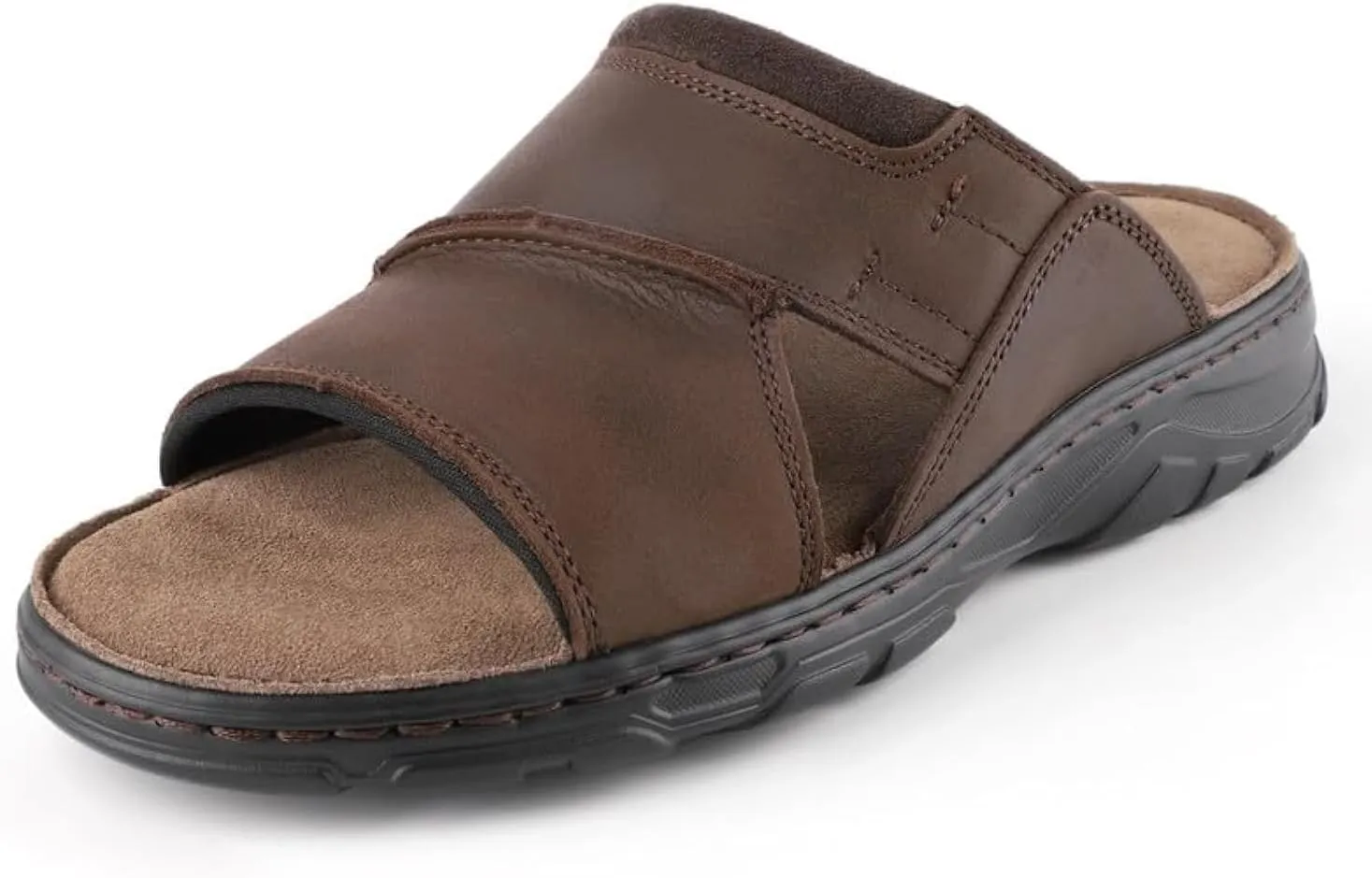 riemot Mens Leather Sandals Memory Foam Footbed Summer Beach Sandals Indoor Outdoor Thick Sole Non-slip Lightweight Slides