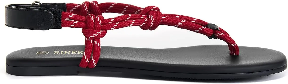 Rihero Rope Thong Sandals for Women Beach Flip Flops Comfortable Ankle Strap Slip-On Flat Sandals