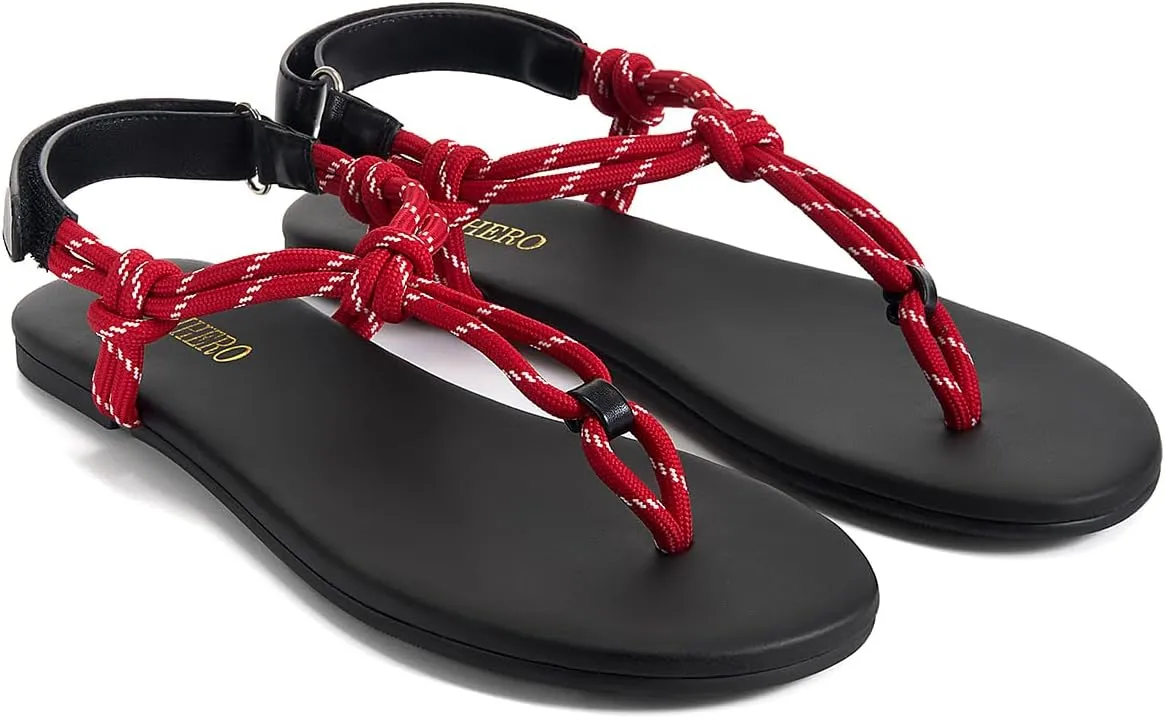 Rihero Rope Thong Sandals for Women Beach Flip Flops Comfortable Ankle Strap Slip-On Flat Sandals