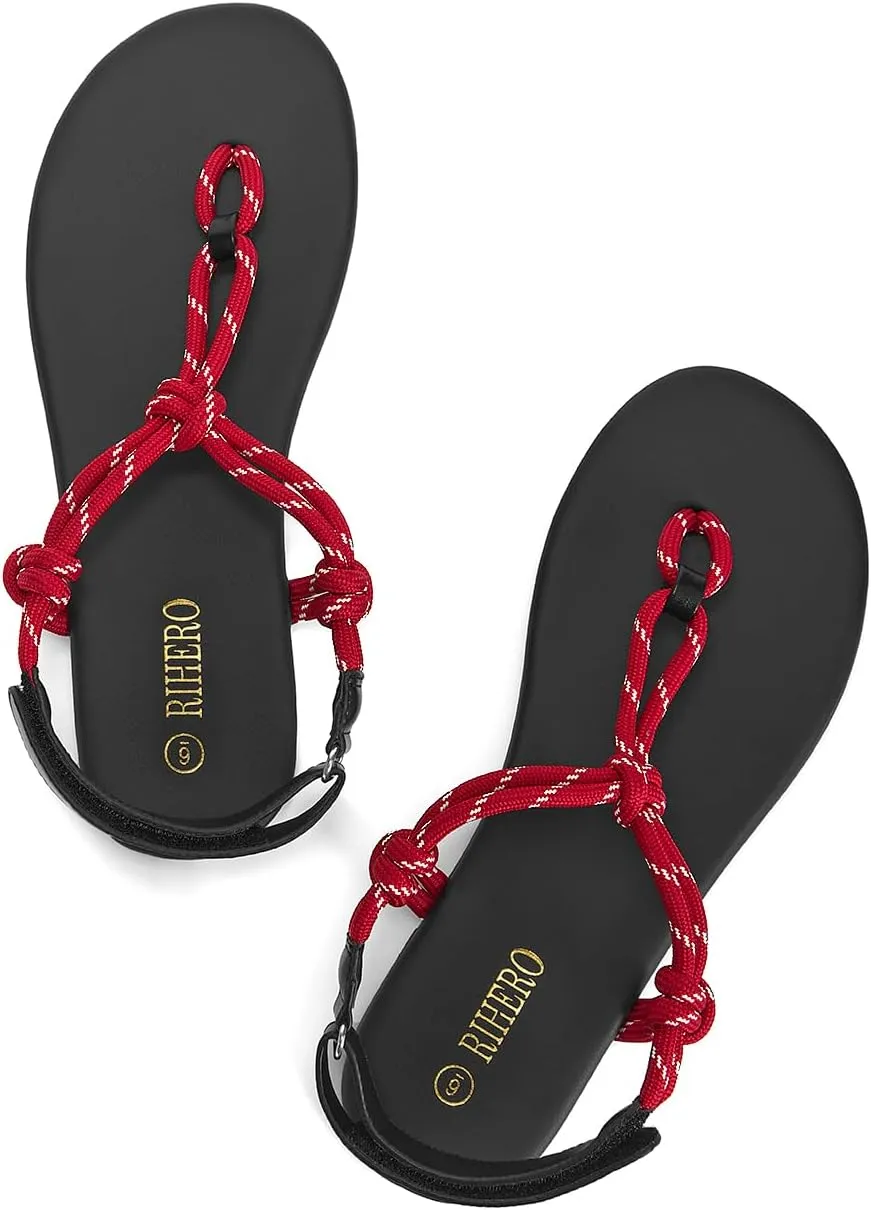 Rihero Rope Thong Sandals for Women Beach Flip Flops Comfortable Ankle Strap Slip-On Flat Sandals