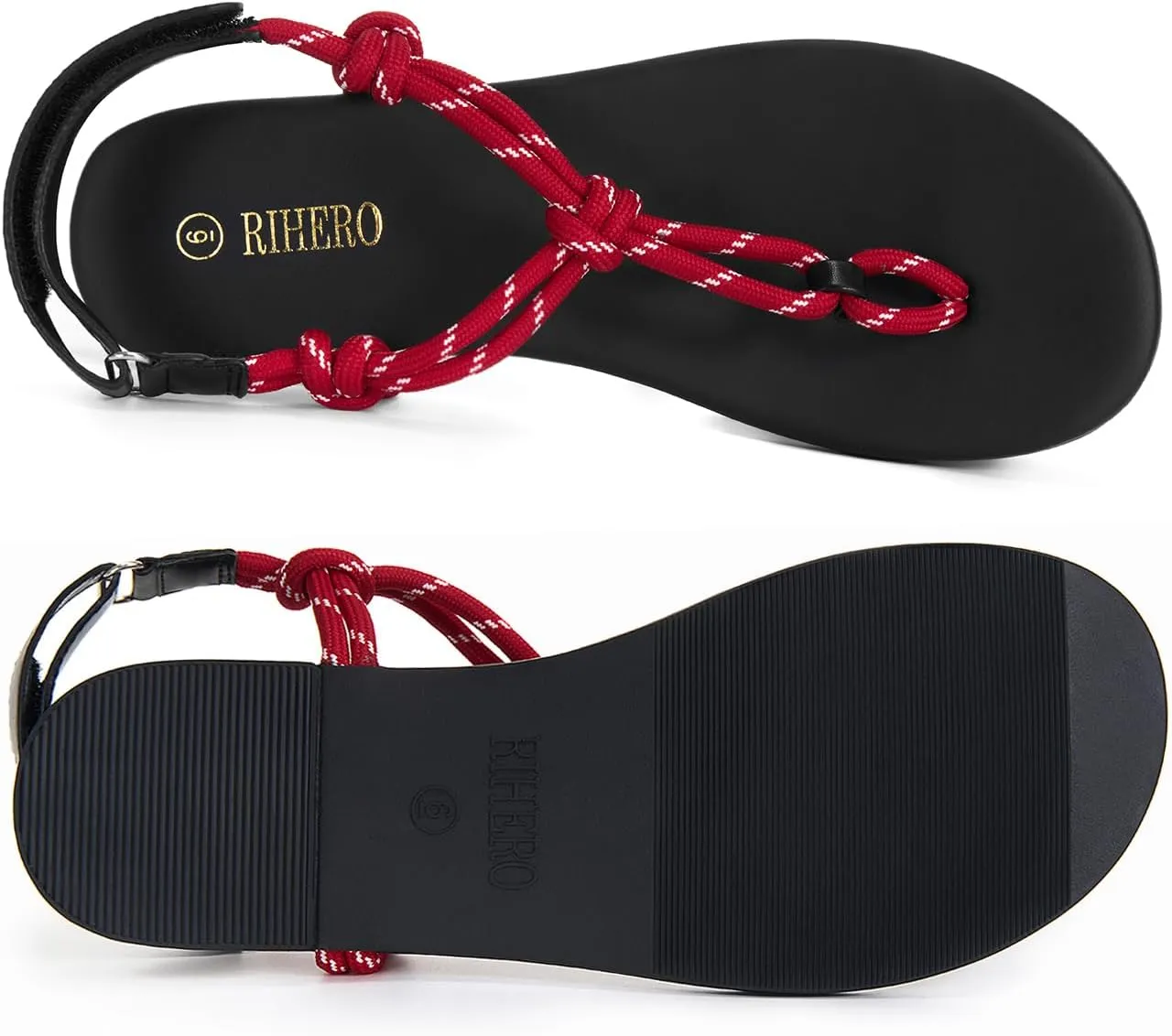 Rihero Rope Thong Sandals for Women Beach Flip Flops Comfortable Ankle Strap Slip-On Flat Sandals