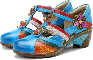 Riutiru Women's Handmade Lambskin Retro Casual Sandals for Spring and Summer, Contrast 3D Color-blocking Flower Comfortable High-heeled Sandals for Women