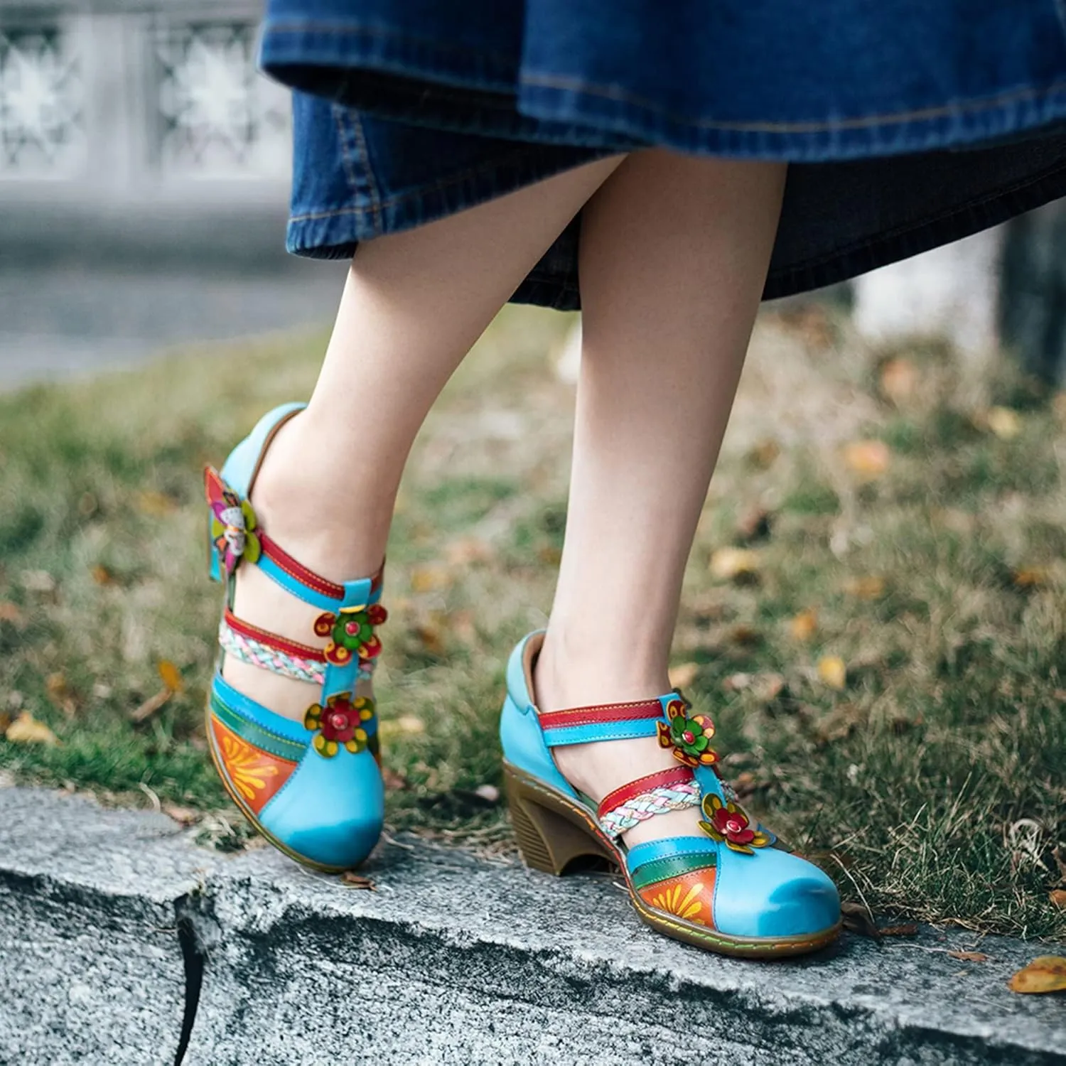 Riutiru Women's Handmade Lambskin Retro Casual Sandals for Spring and Summer, Contrast 3D Color-blocking Flower Comfortable High-heeled Sandals for Women
