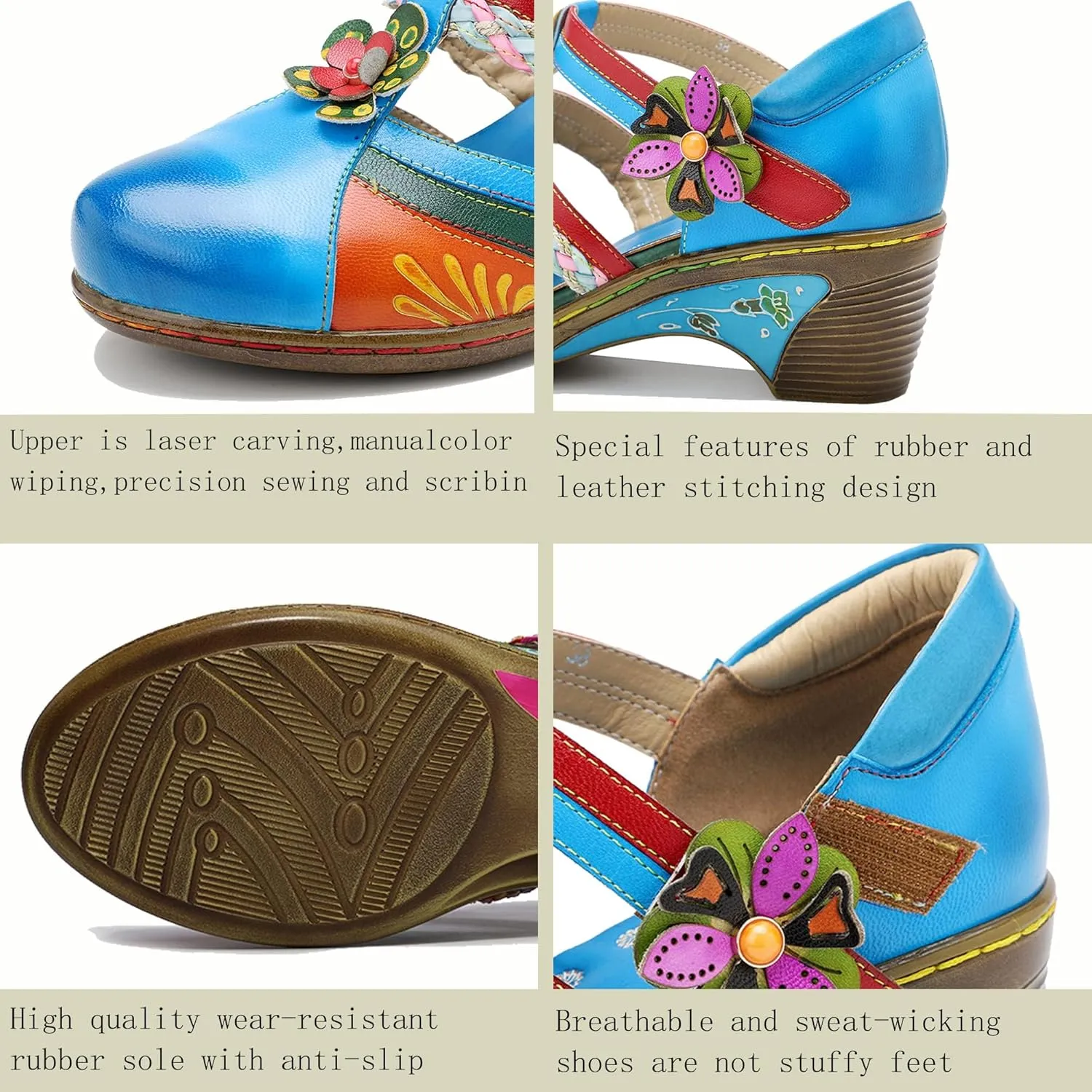Riutiru Women's Handmade Lambskin Retro Casual Sandals for Spring and Summer, Contrast 3D Color-blocking Flower Comfortable High-heeled Sandals for Women