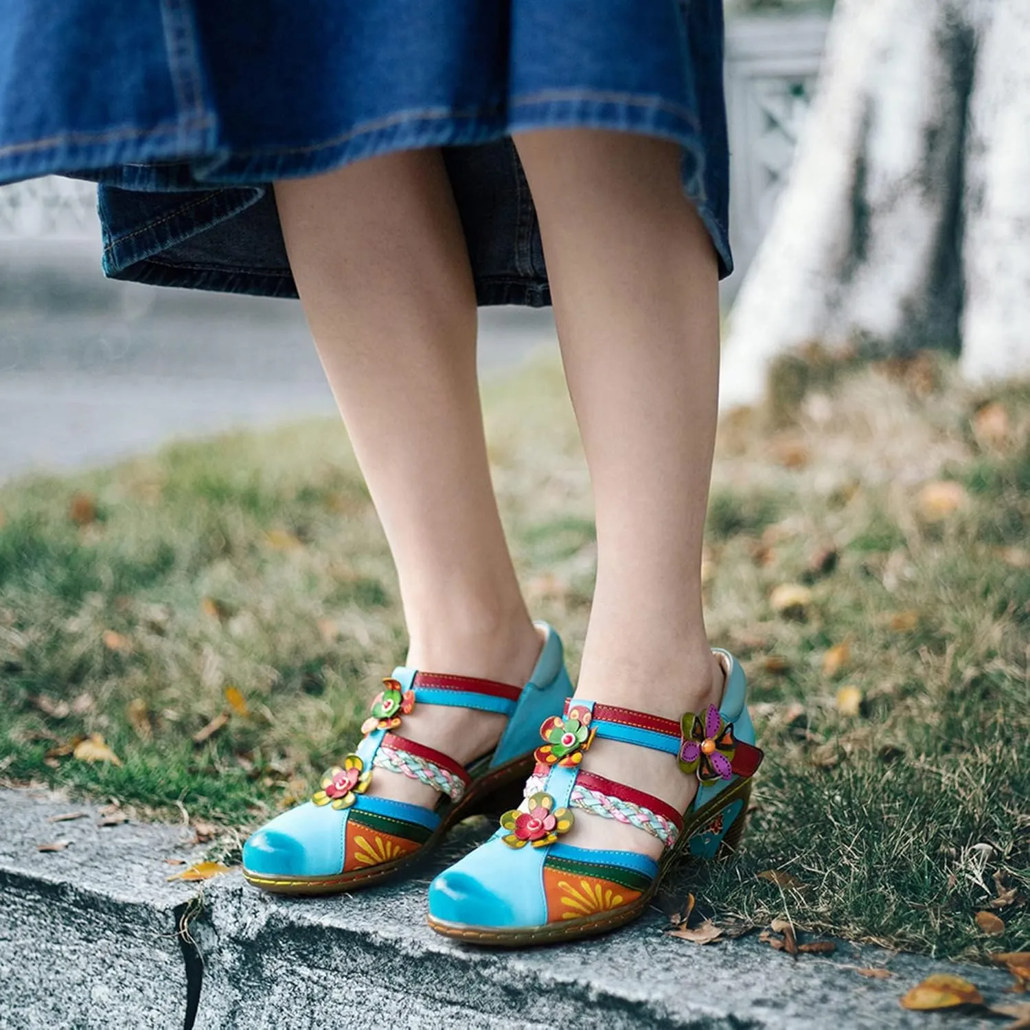 Riutiru Women's Handmade Lambskin Retro Casual Sandals for Spring and Summer, Contrast 3D Color-blocking Flower Comfortable High-heeled Sandals for Women