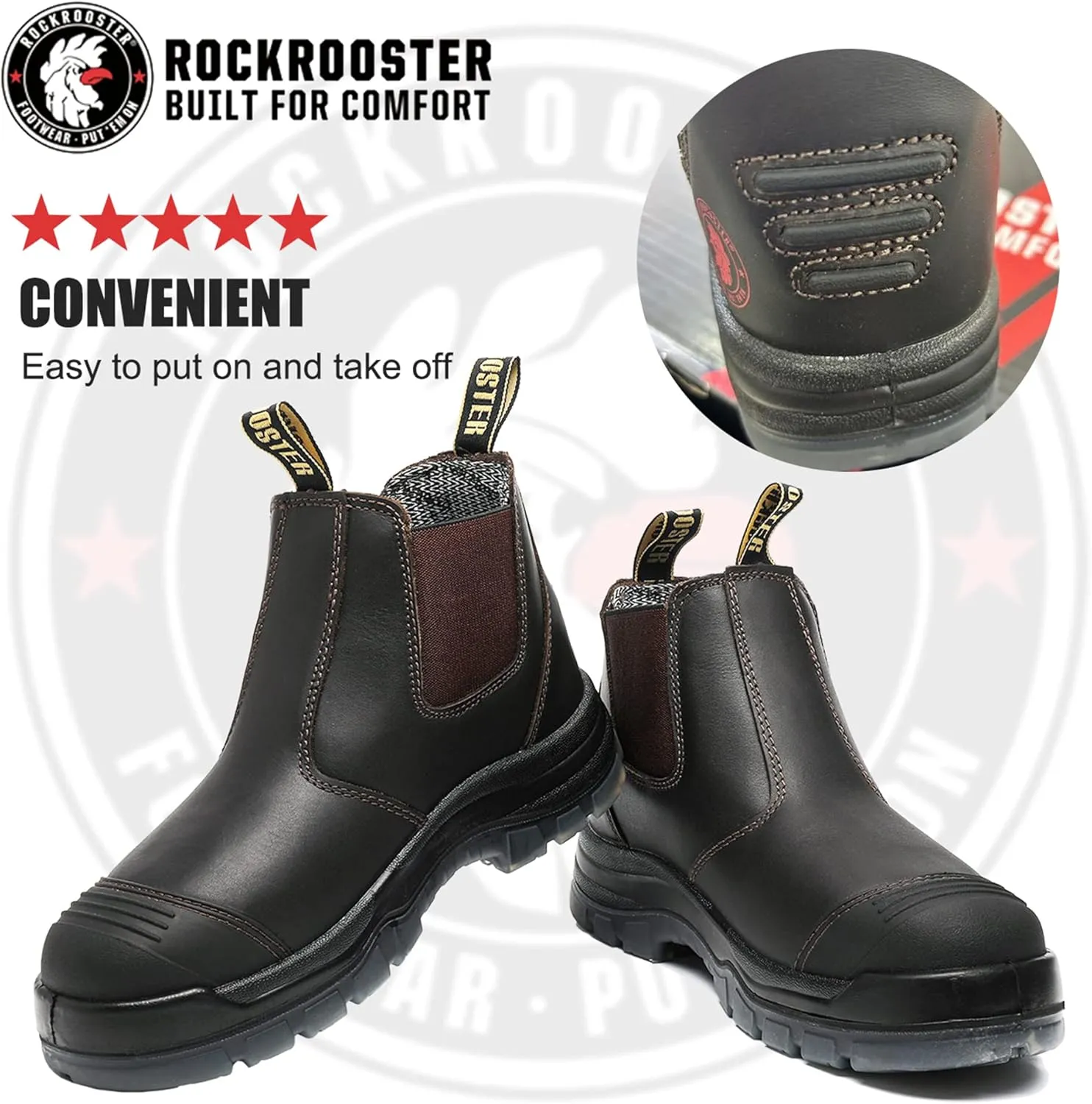 ROCKROOSTER Bakken Men's 6" Wide Slip On Work Boots, Steel Toe Static Dissipative Safety Chelsea Boots AK229 (Dark Brown)