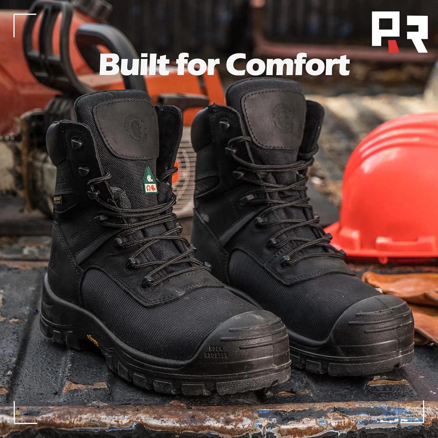 ROCKROOSTER Beaufort CSA Men's Work Boots, 8" Composite Toe Waterproof Black Vibram Rubber Lace up Leather Construction Boots, Metal Free, Cut Resistant, ASTM F2413-18 PR EH, VAK830