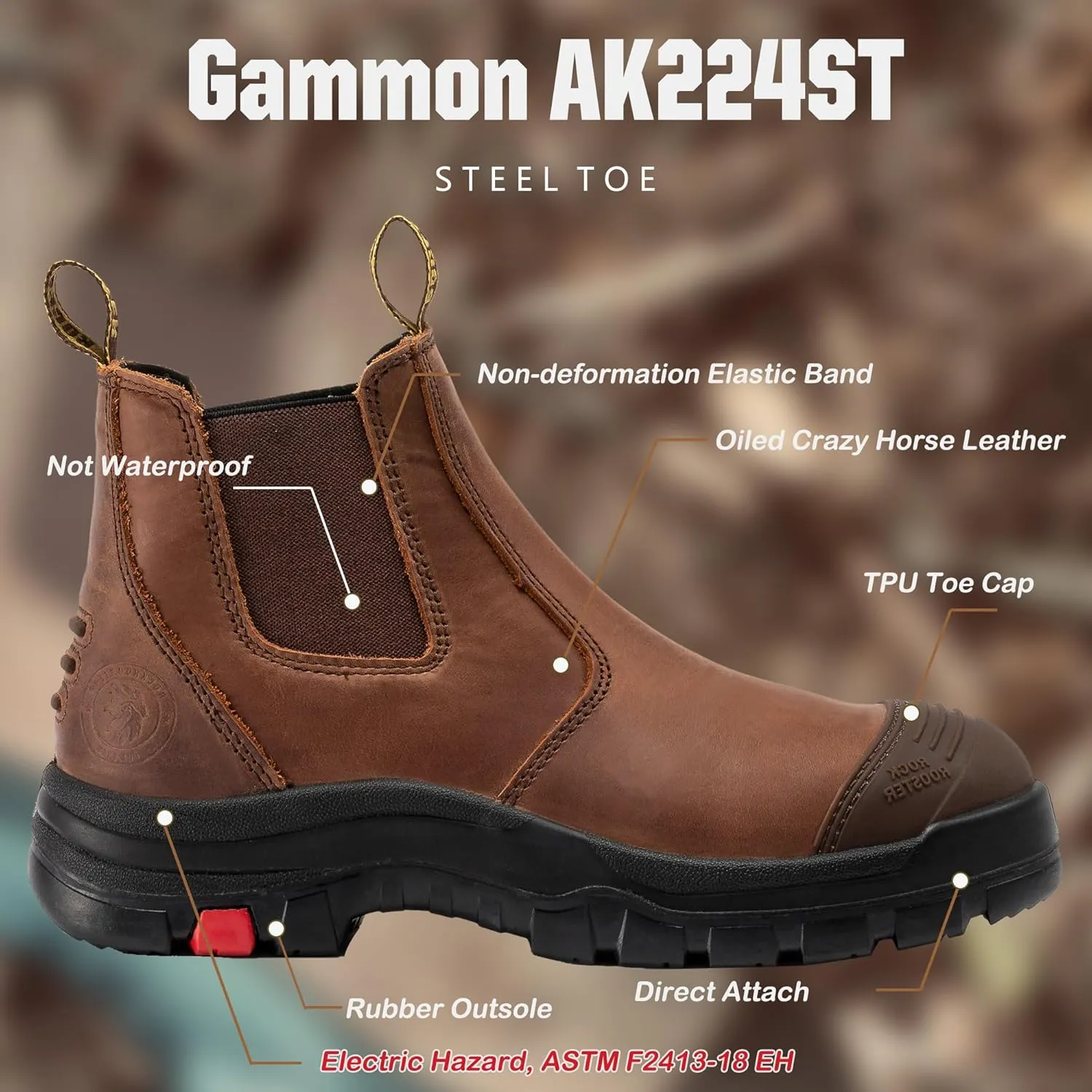 ROCKROOSTER Gammon Men's Slip On Work Boots, 6" Steel Toe Chelsea Work Boots, Toe Cap Oiled Leather Rubber Boots, Arch Support, Coolmax, Comfortable, ASTM F2413-18 Electrical Hazard EH, AK224ST