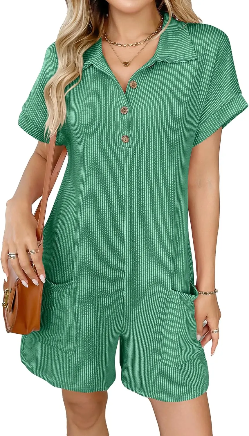 Rompers for Women Short Sleeve Button Down Elastic Short Jumpsuit with Pockets