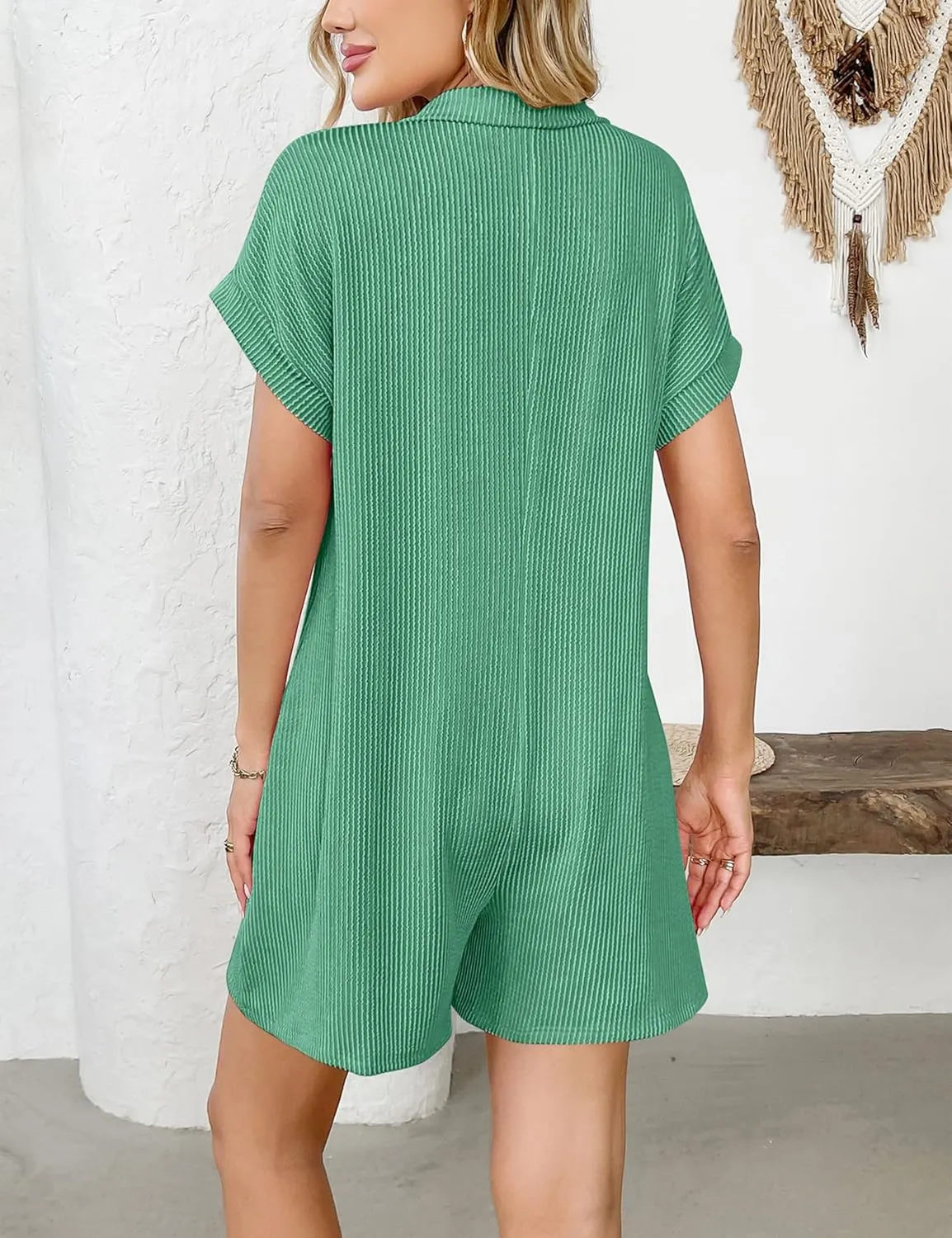 Rompers for Women Short Sleeve Button Down Elastic Short Jumpsuit with Pockets