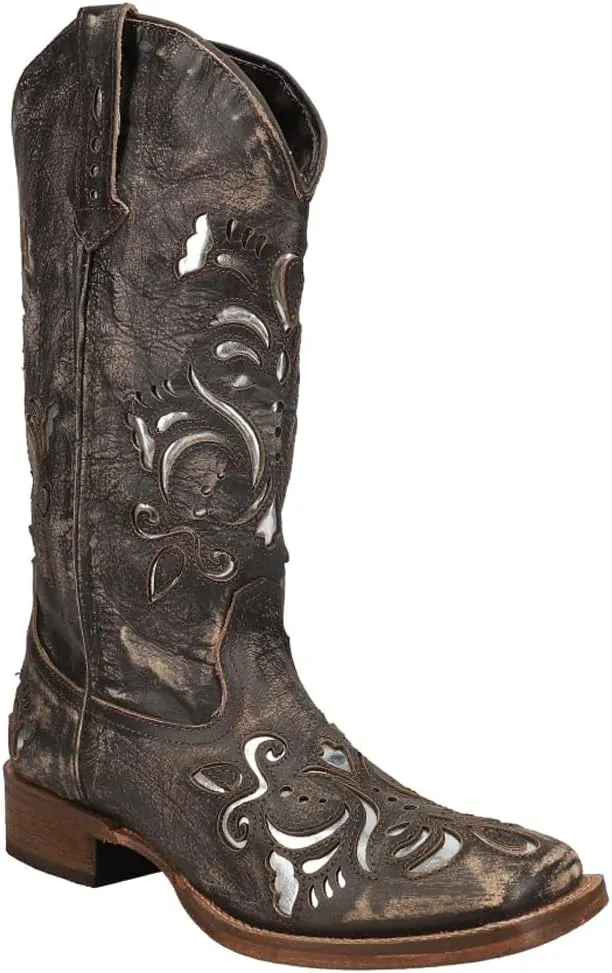 ROPER Womens Belle Metallic Tooled Inlay Square Toe Casual Boots Mid Calf Low Heel 1-2" - Black