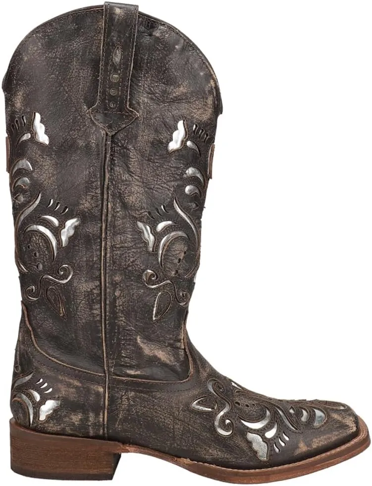 ROPER Womens Belle Metallic Tooled Inlay Square Toe Casual Boots Mid Calf Low Heel 1-2" - Black