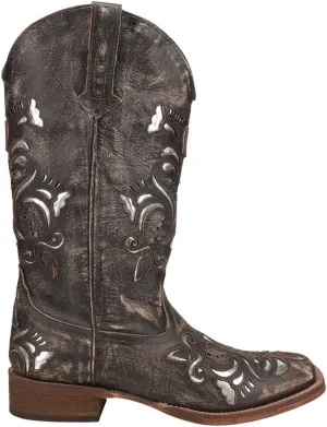ROPER Womens Belle Metallic Tooled Inlay Square Toe Casual Boots Mid Calf Low Heel 1-2" - Black